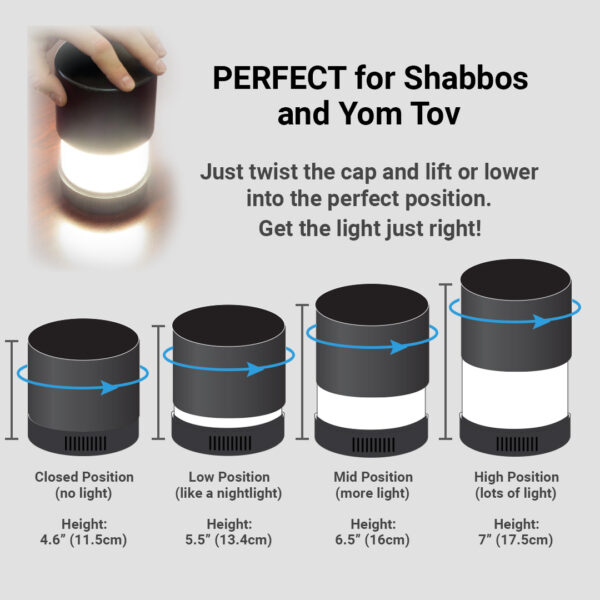 KosherLamp® 360 Brand Shabbos Lamp, Light position and Dimensions