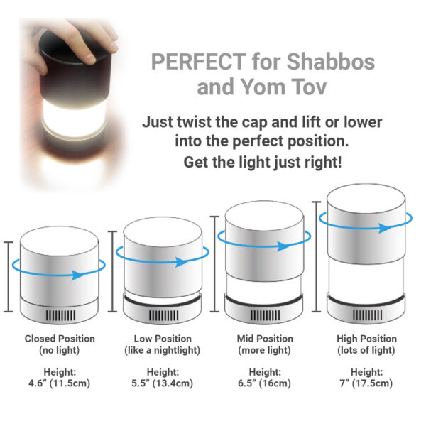 KosherLamp® 360 Brand Shabbos Lamp, Light position and Dimensions